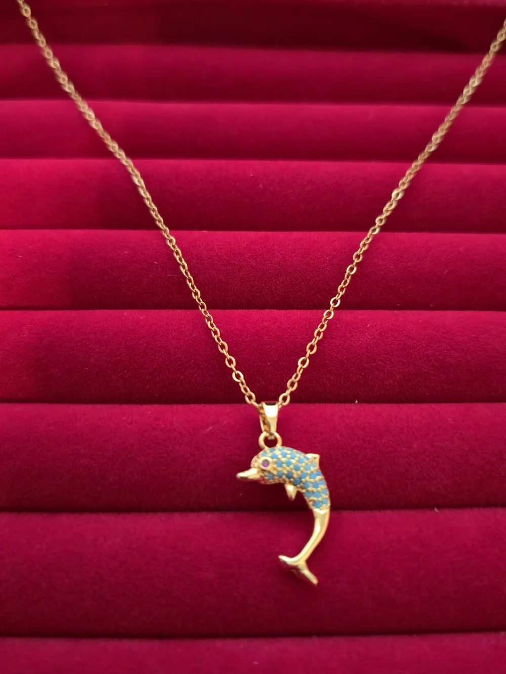 Gold Dolphin Pendant Necklace with Blue Zircon Accents Sea Life Beach Summer B03